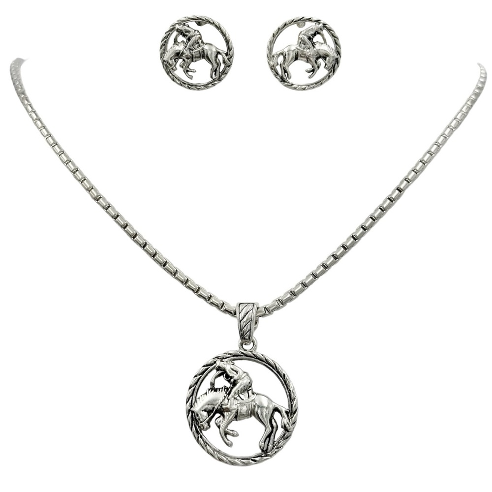 Bucking Horse Silver Tone Pendant Necklace Stud Earrings Set